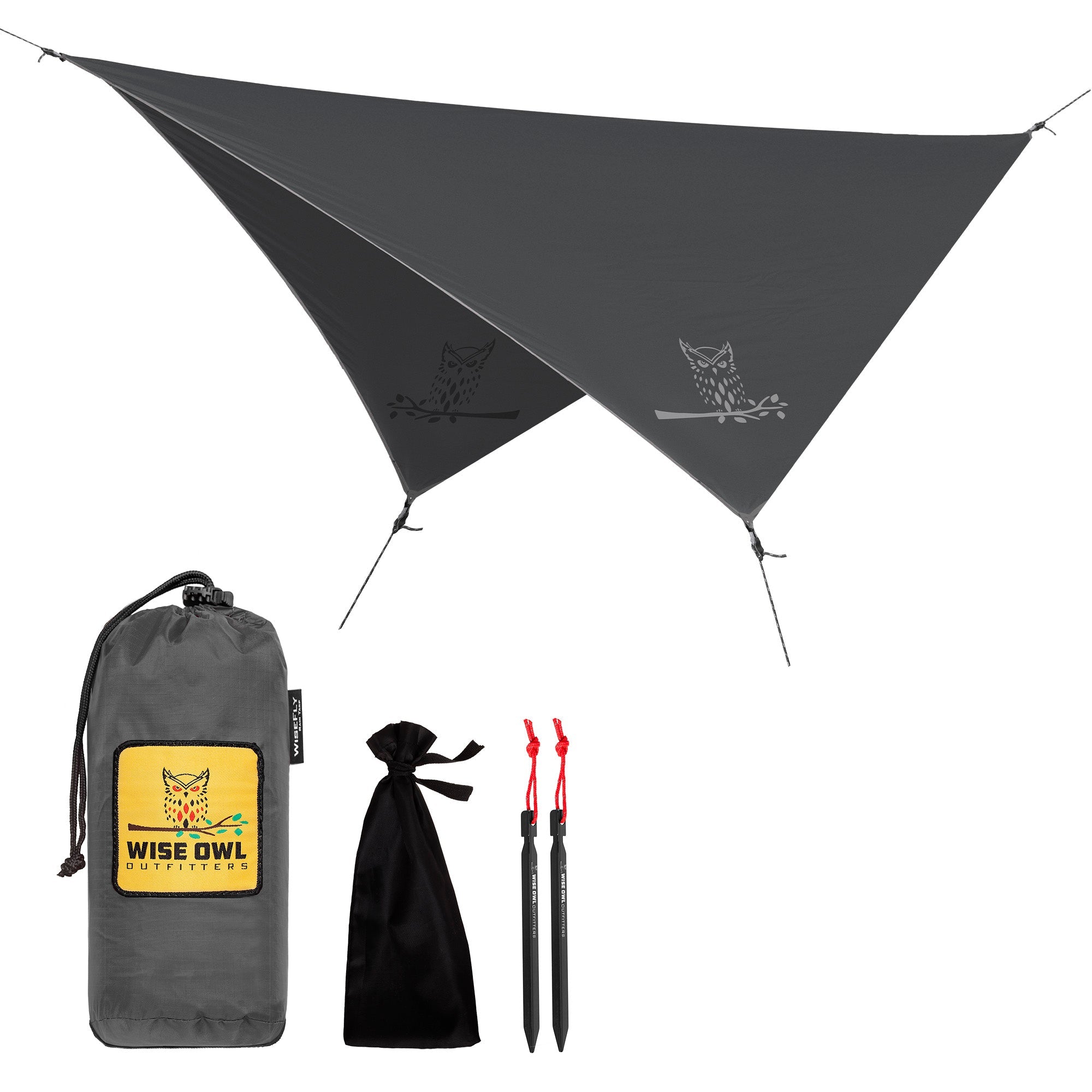 Our Wise Owl waterproof hammock tarp comes with accessories.