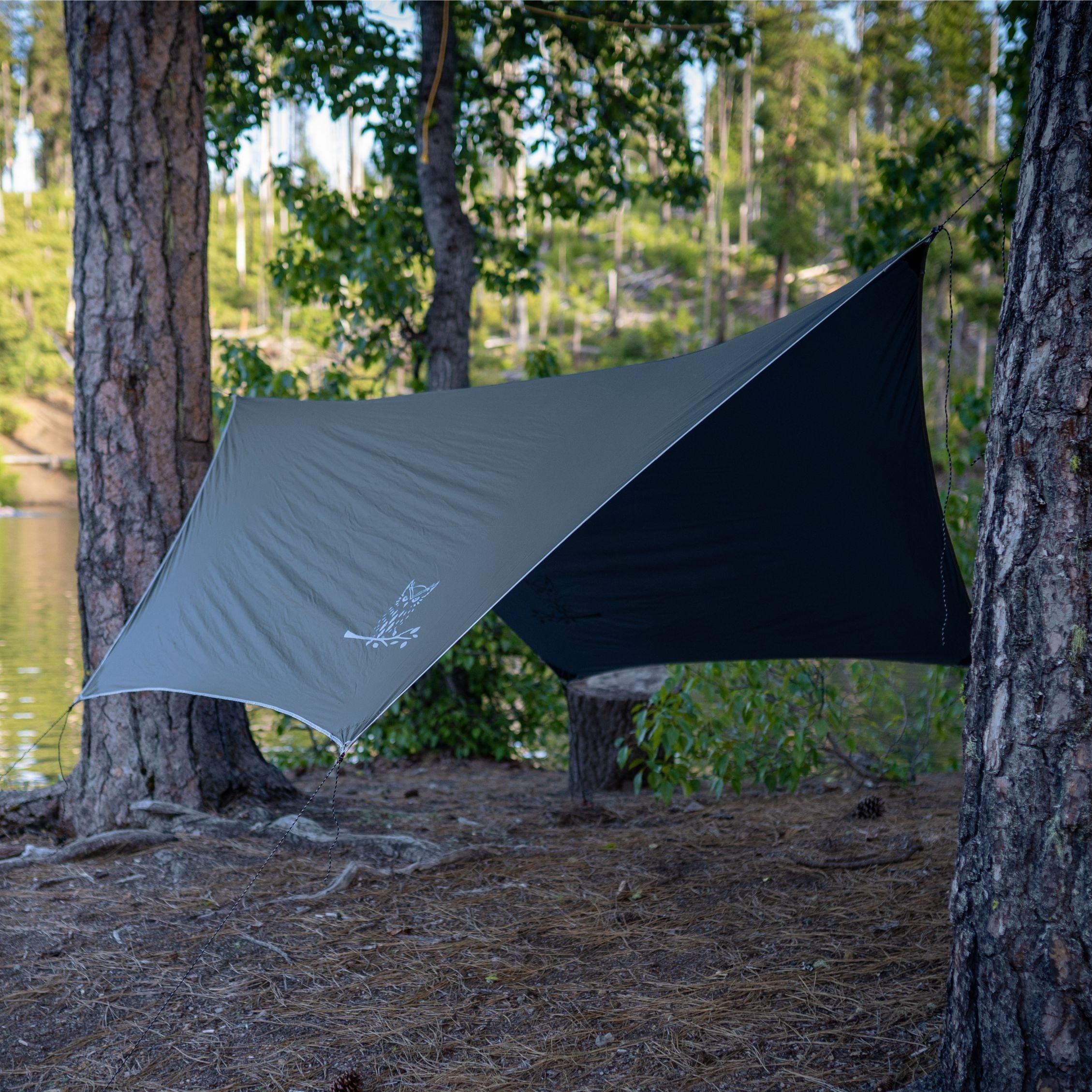 Grey waterproof hammock tarp in the woods by a river.