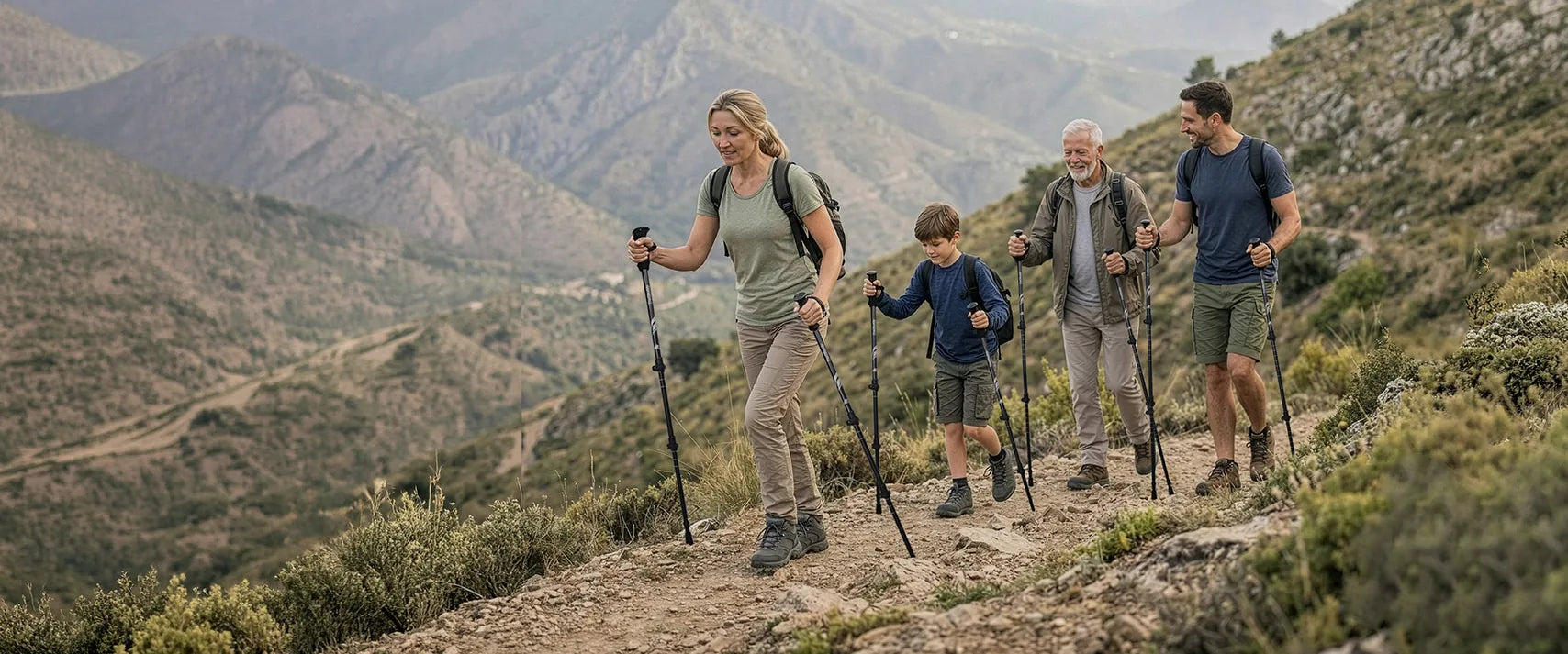 Family of four hiking a mountain trail with TrailBuddy trekking poles