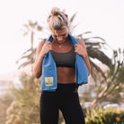 Camping Towel around womans shoulders