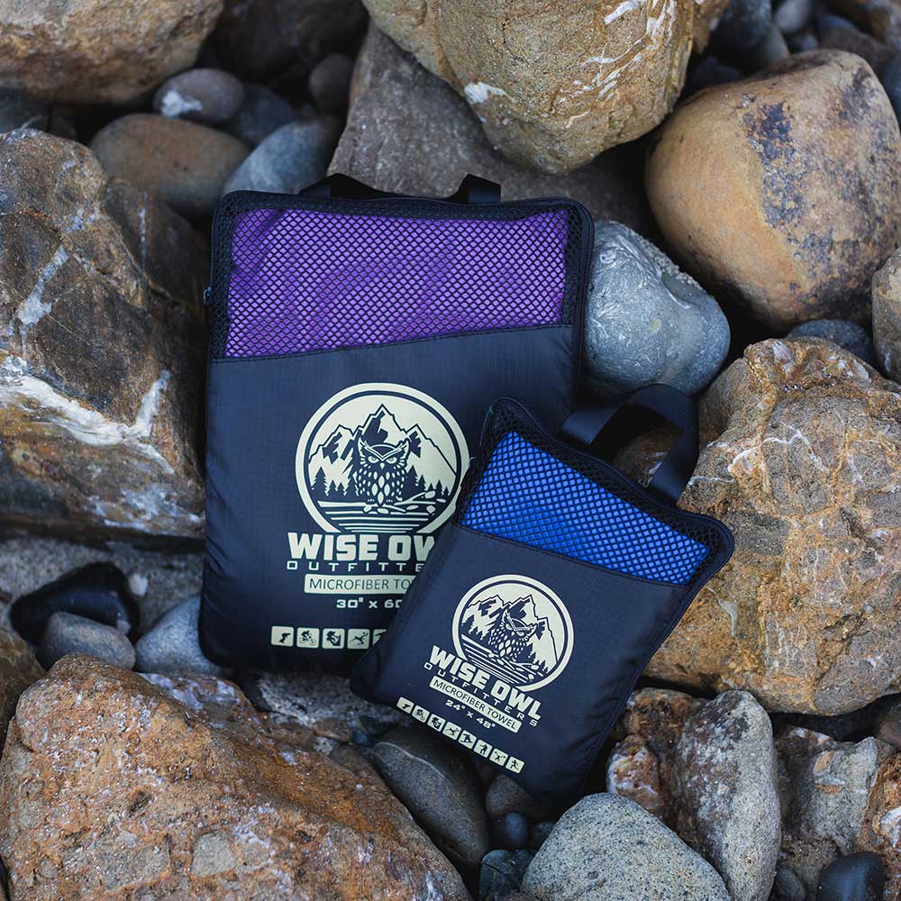 Royal Blue Camping Towel on Rocks