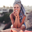Grey Camping Towel wrapped on womans head