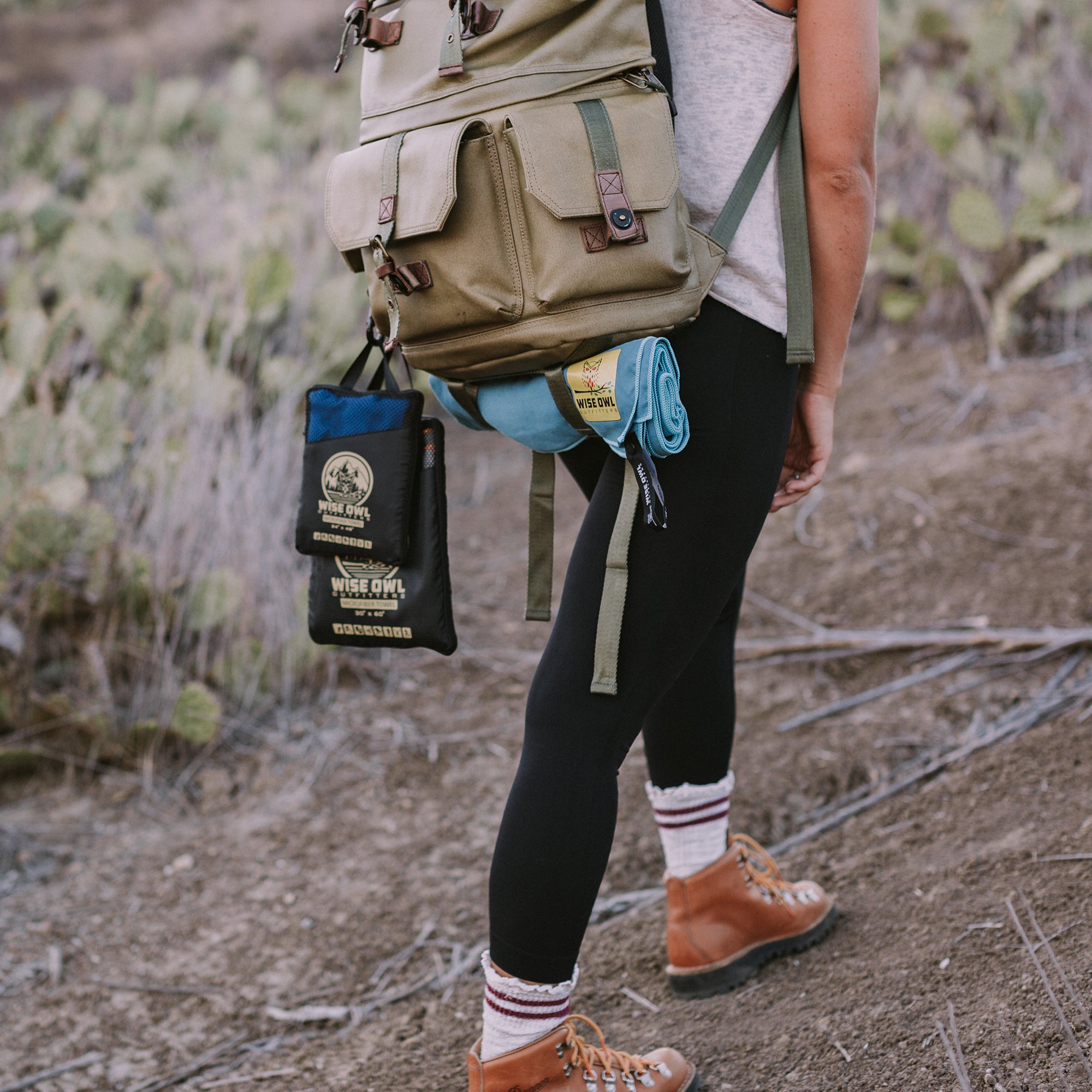 Marine Blue Camping Towel on Backpack