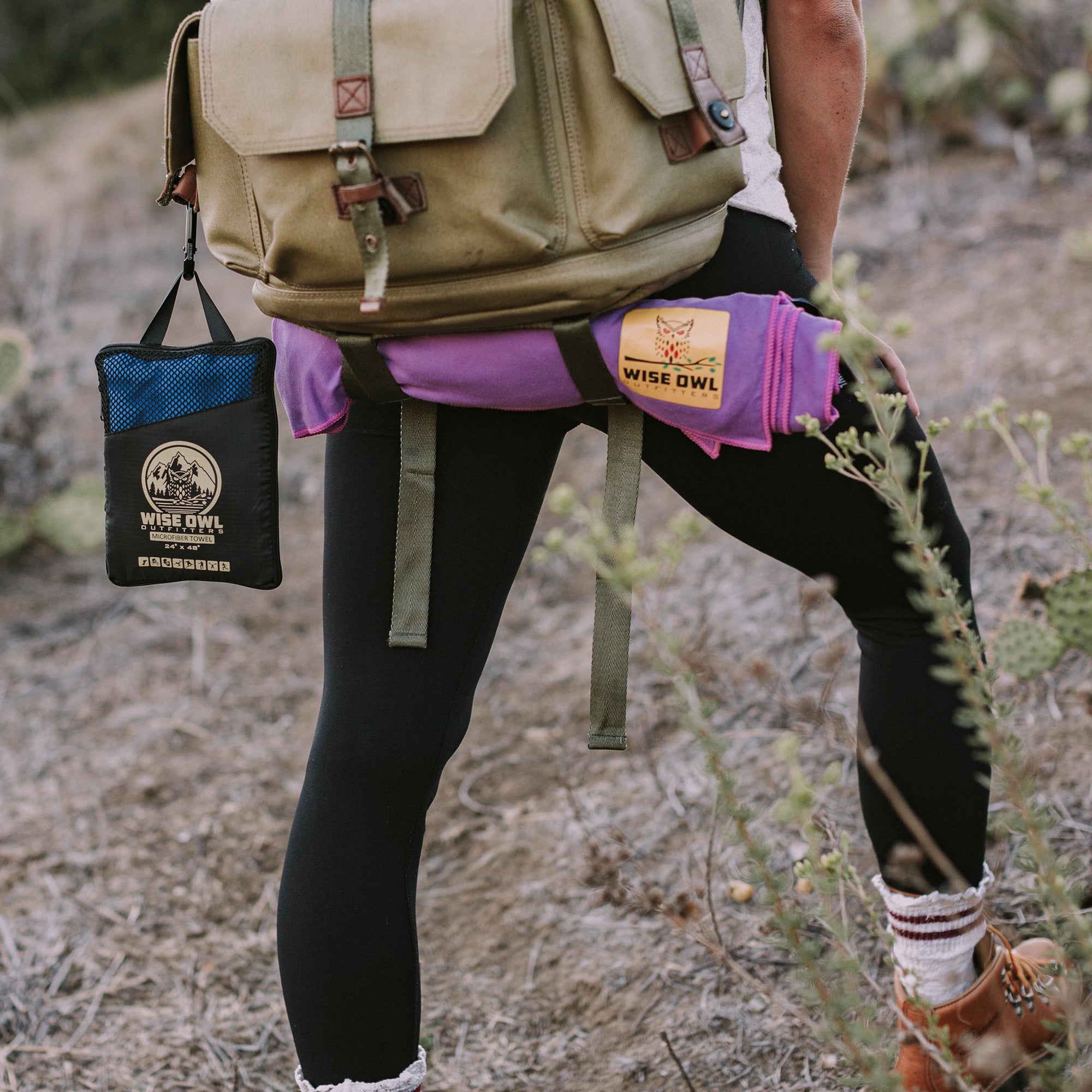 Purple Camping Towel under Backpack