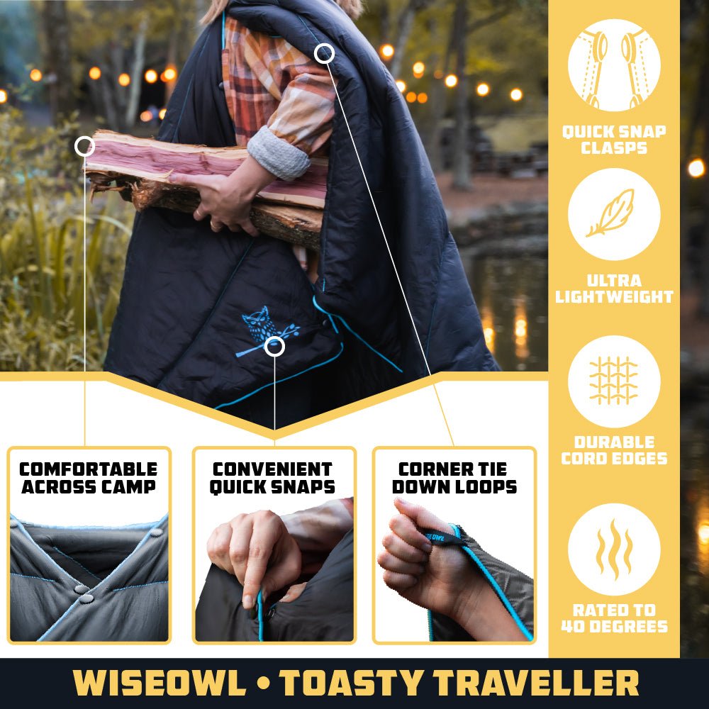 Our Wise Owl camping blanket has quick snap clasps so the blanket securely wraps around you.