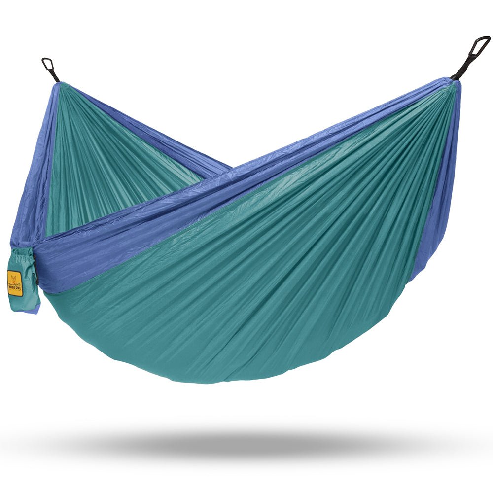 The Wise Owl blue-green double hammock fits two people. 