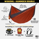 Wise Owl two person hammock infographic about the double hammock product features.