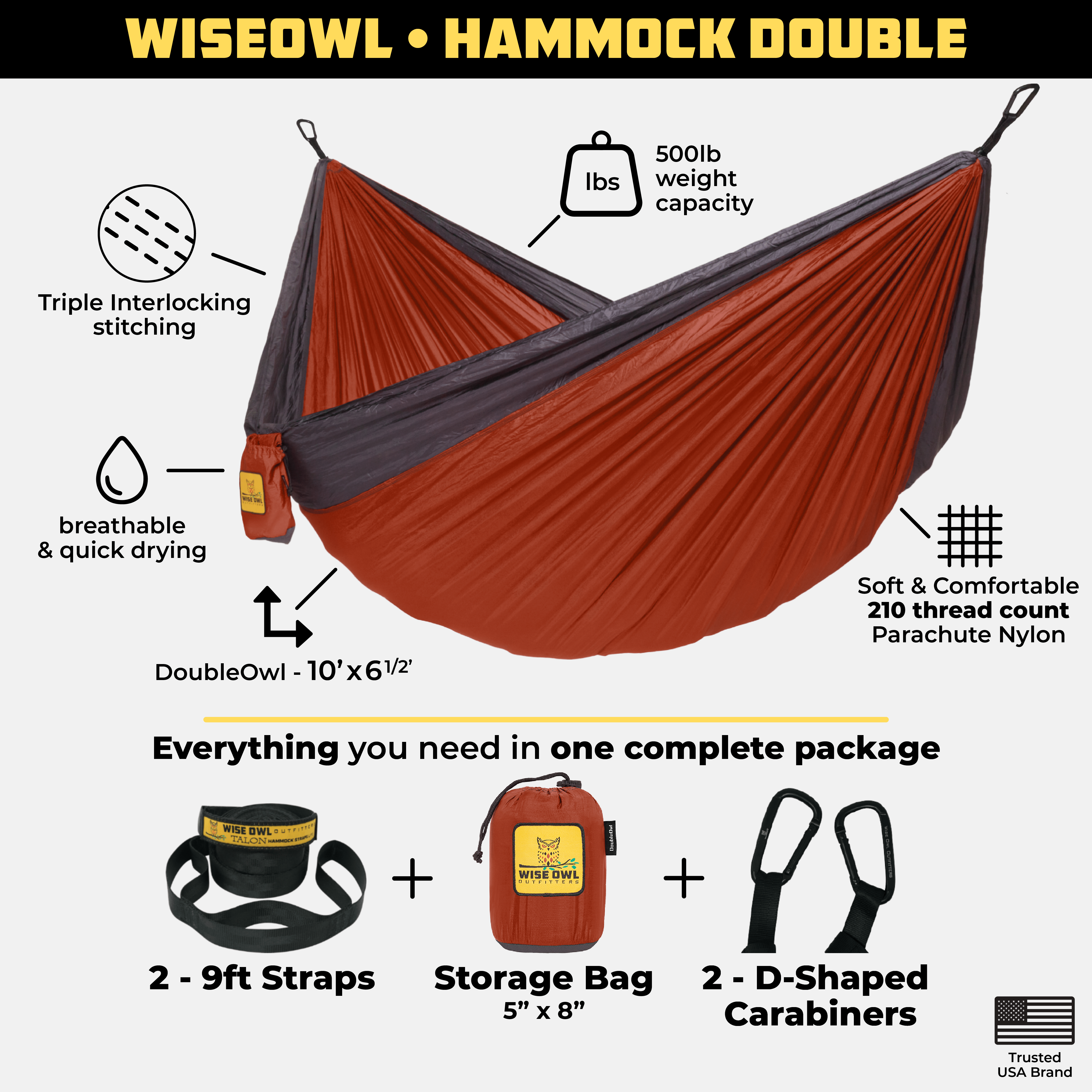 Wise Owl two person hammock infographic about the double hammock product features.