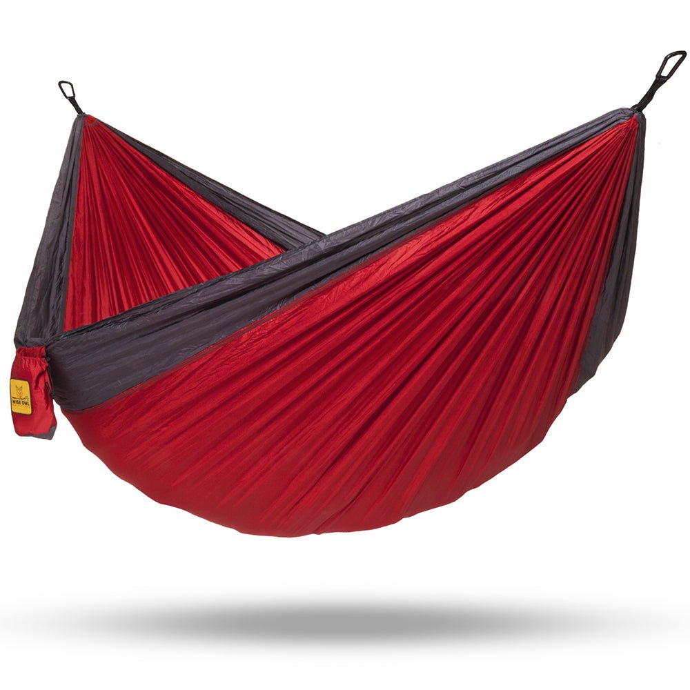 Our red double hammock is great for hiking trips. 